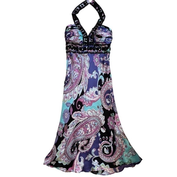 Jovani 100% Silk Halter Paisley Lined Beaded Evening Formal Long Gown Size 0 - Picture 2 of 10